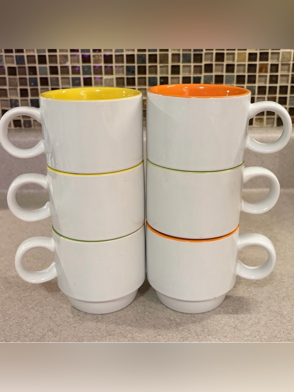 Crate&Barrel Stackable Set of 6 Coffee Cups 8 oz. “Pick Me Up" Stacking Mugs